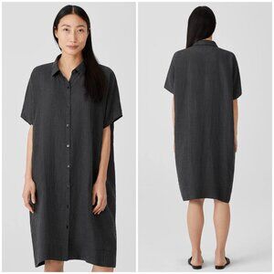 EILEEN FISHER Puckered Organic Linen Shirtdress Tunic Dress sz L Lagenlook Boxy